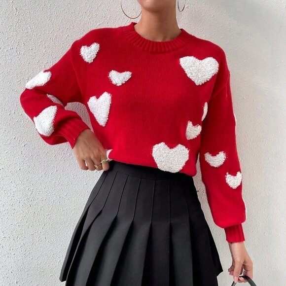 Red Casual Womens Heart Knit Drop Shoulder Sweater - Picture 5 of 5